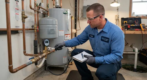 Chauffagiste controlant un boiler et les manometres de pression a Mouscron